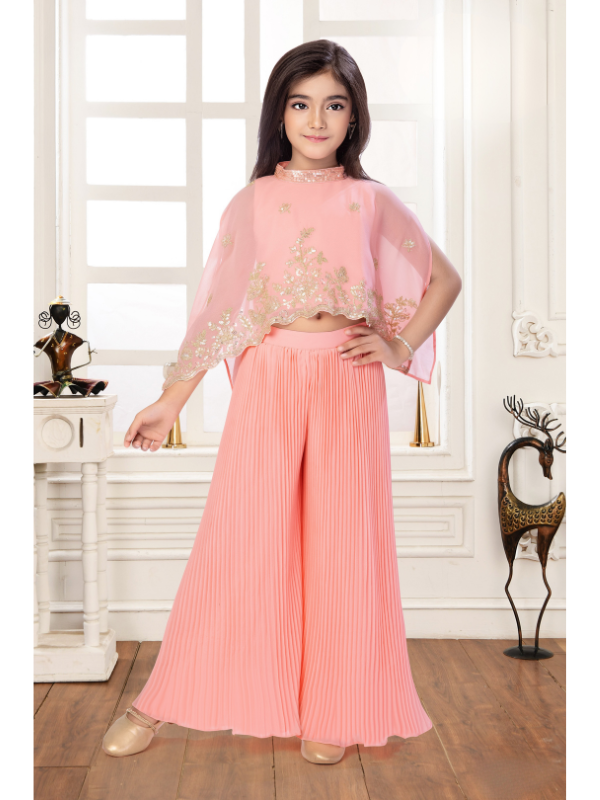 Girls Traditional Sleeves Less Plazo Set - Peach