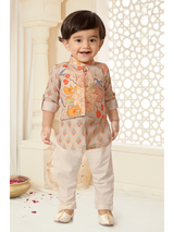 Boys Traditional Printed Chudidar Kurta with Koti - Fawn