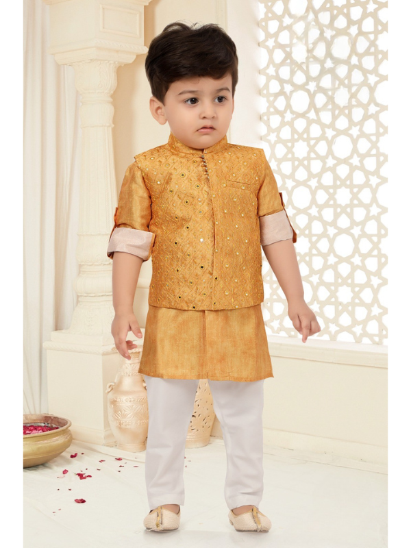 Boys Traditional With Work Chudidar Kurta with Koti - Yellow