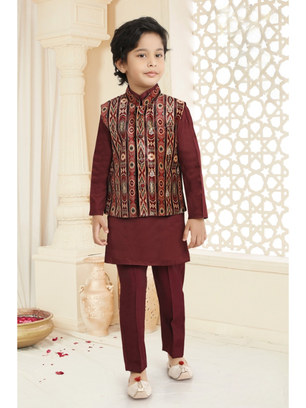 Boys Traditional Printed Chudidar Kurta with Koti - Maroon