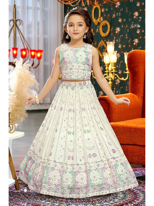 Girls Traditional Sleeves Less Long Choli - Cream