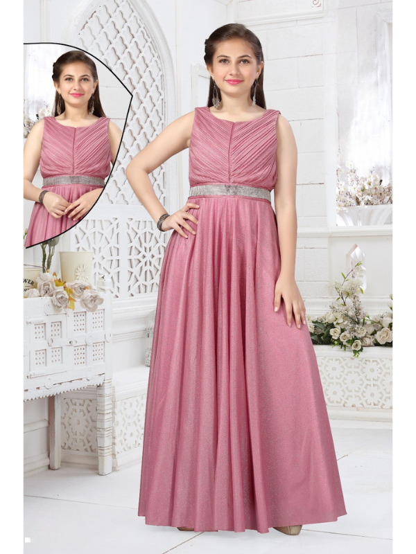 Girls Traditional Sleeves Less Full Length Gown - Pink