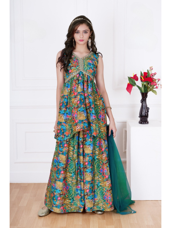 Girls Traditional Sleeves Less Plazo Set - Green