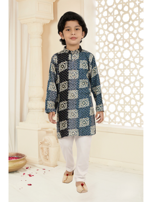 Boys Traditional Printed Chudidar Kurta Set - Navy Blue