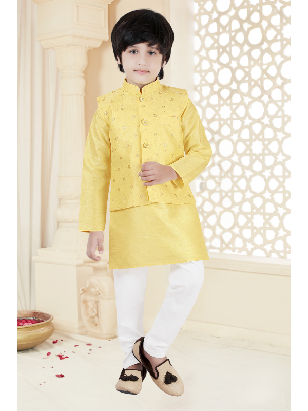 Boys Traditional With Work Chudidar Kurta with Koti - Yellow