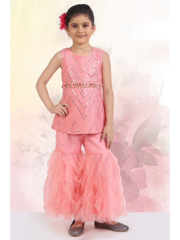 Girls Traditional Sleeves Less Sharara Set - Pink
