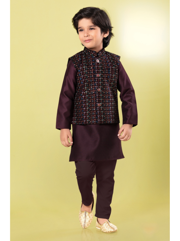Boys Traditional With Work Chudidar Kurta with Koti - Purple