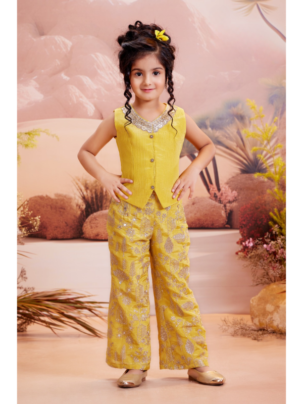 Girls Traditional Sleeves Less Plazo Set - Yellow