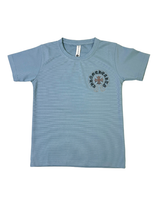 Light Blue textured boys' short-sleeve T-shirt with a small circular studded cross and text logo graphic on the left chest, hanging on a white background.