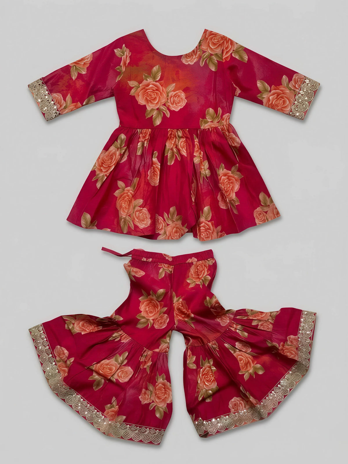Girls Red Floral Print Embroidered Sharara Set.