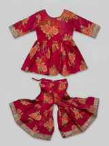 Girls Red Floral Print Embroidered Sharara Set.