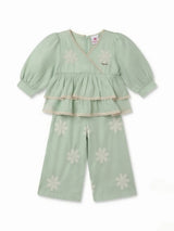 Girls Light Green Angrakha Tiered Kurta and Palazzo Set.