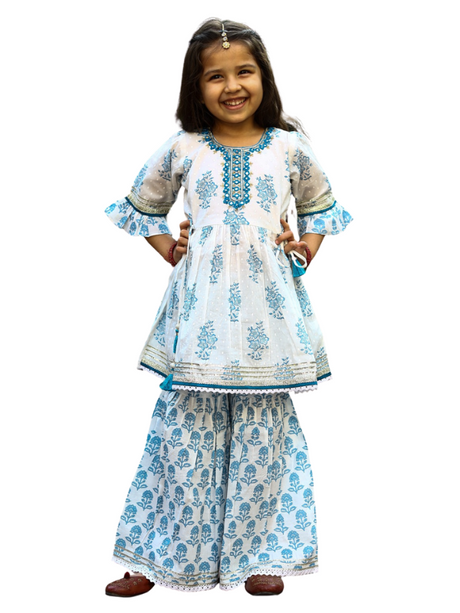 Girls' White & Blue Sharara Set