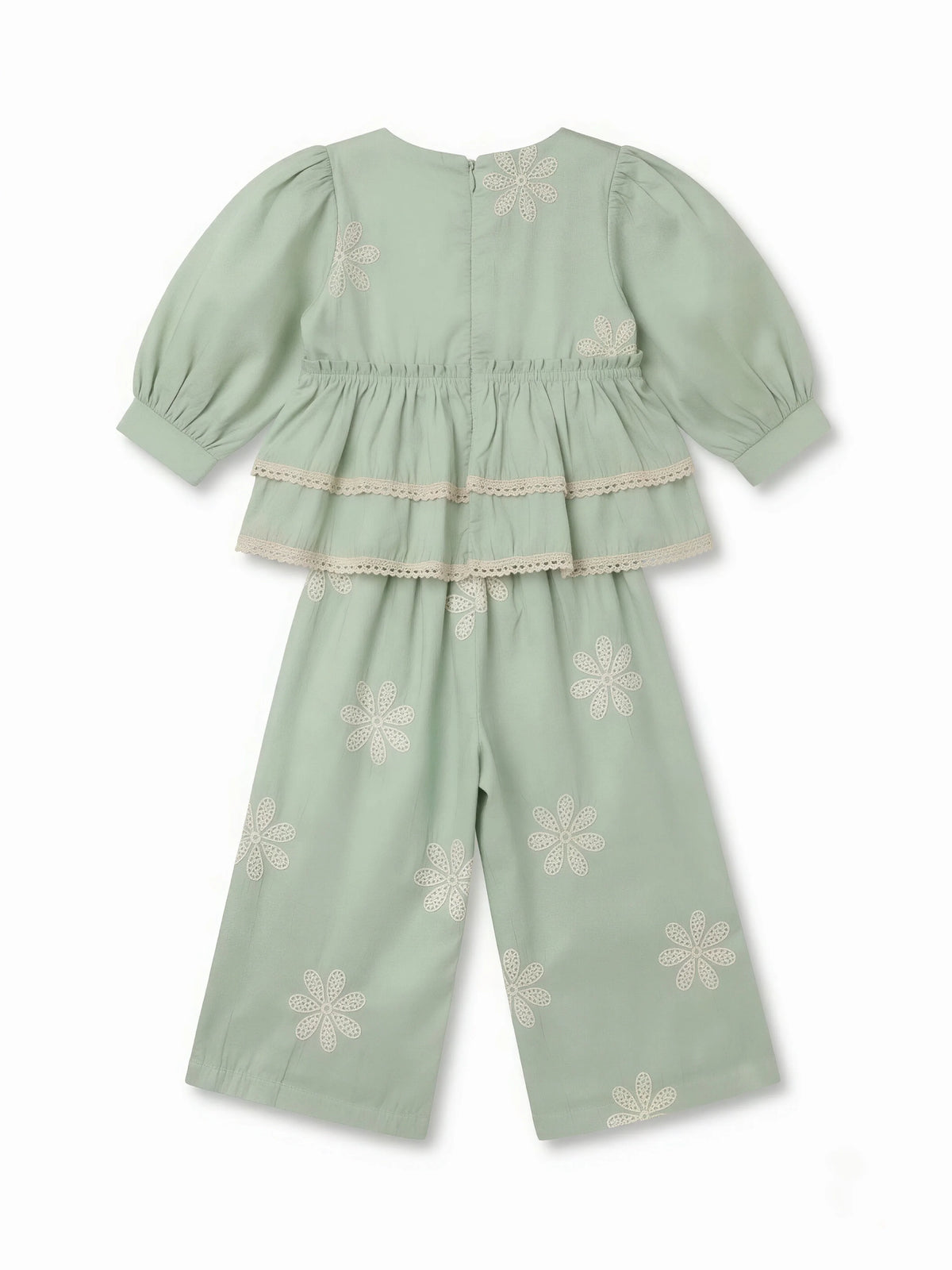 Girls Light Green Angrakha Tiered Kurta and Palazzo Set.