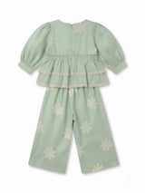 Girls Light Green Angrakha Tiered Kurta and Palazzo Set.
