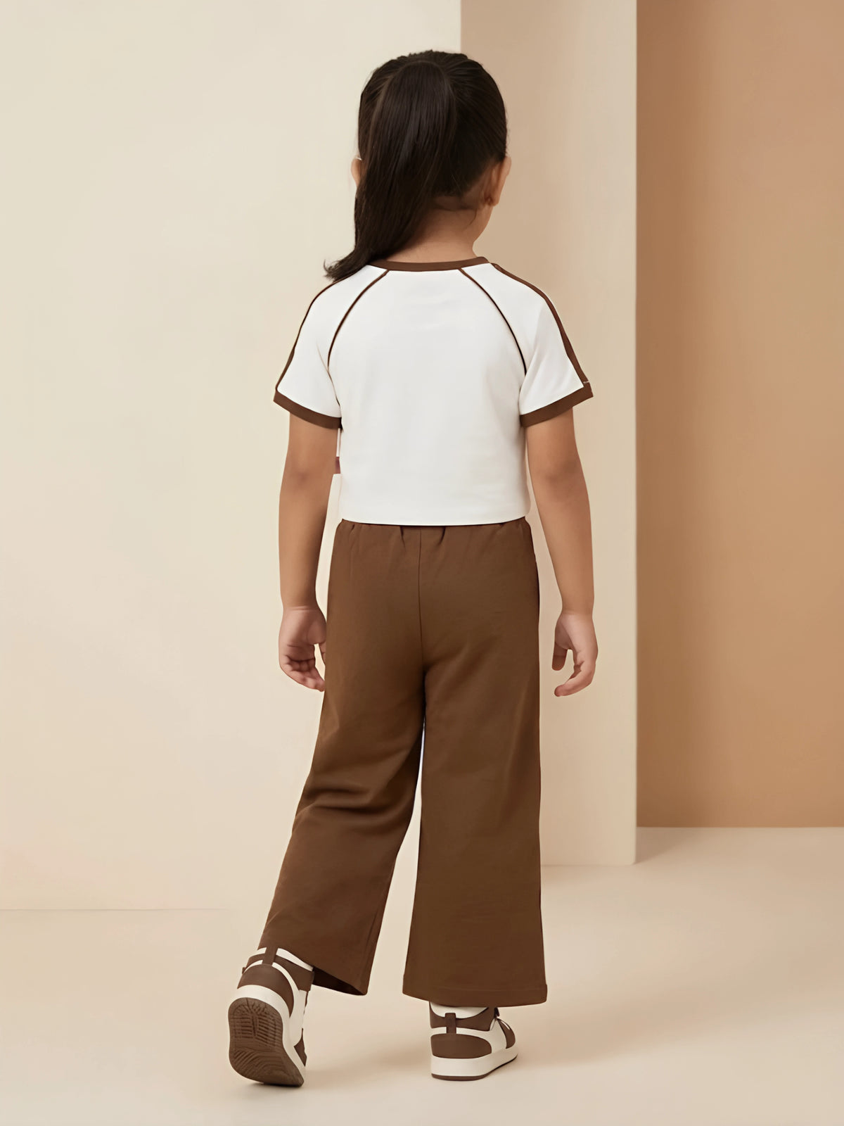 Brown Typography Print Girls Coordinate Set Kids Casual Wear