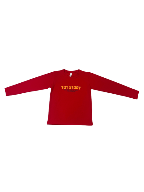 Bright Red boys' long-sleeve T-shirt with the small, central Disney Pixar Toy Story logo graphic, spread out against a white background.