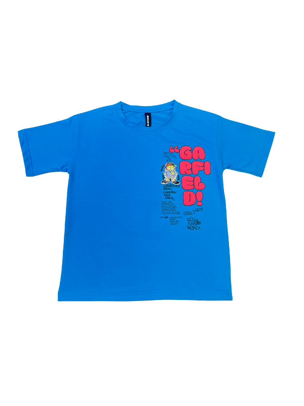 Bright Blue boys' short-sleeve T-shirt with a Garfield comic-style graphic and large vertical red "GARFIELD!" text print, against a white background.