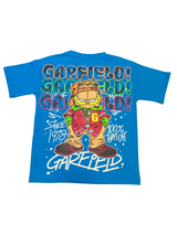 Bright Blue boys' short-sleeve T-shirt with a Garfield comic-style graphic and large vertical red "GARFIELD!" text print, against a white background.