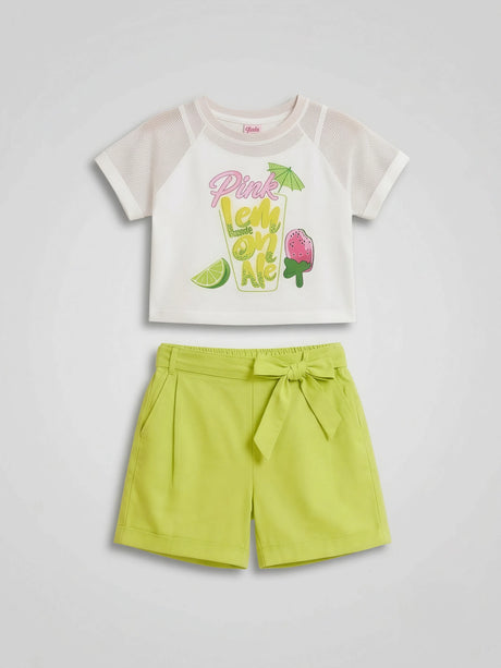 Girls Lime Green Lemonade Print Mesh Top & Shorts Coord Set