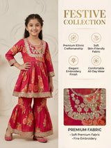 Girls Red Floral Print Embroidered Sharara Set.