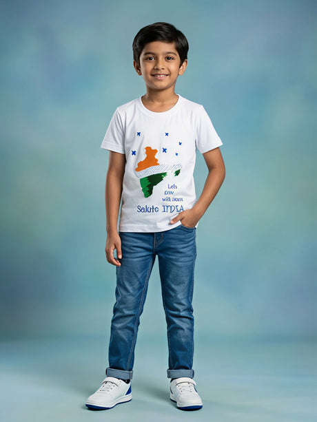 Young boy wearing a white half-sleeve t-shirt with a tricolor India map and Salute India graphic print paired with blue jeans