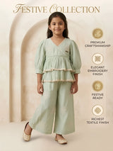 Girls Light Green Angrakha Tiered Kurta and Palazzo Set.
