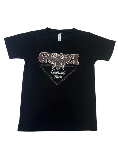 Black boys' short-sleeve T-shirt with a brown and glitter/studded graphic featuring large text (similar to Gucci) and a bee motif, with a triangle outline below it.