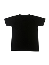 Black boys' short-sleeve T-shirt with a brown and glitter/studded graphic featuring large text (similar to Gucci) and a bee motif, with a triangle outline below it.
