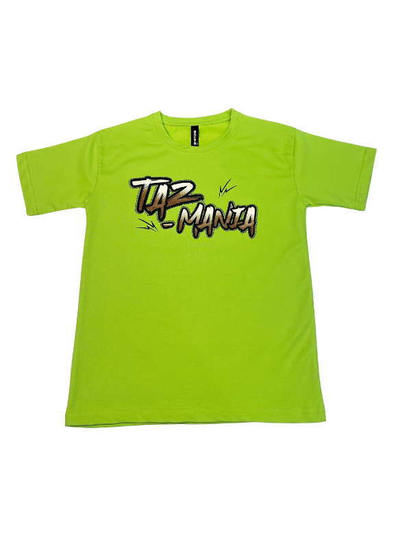 Bright Lime Green boys' short-sleeve T-shirt with a brown, white, and black distressed "TAZ MANIA" logo graphic printed centrally.