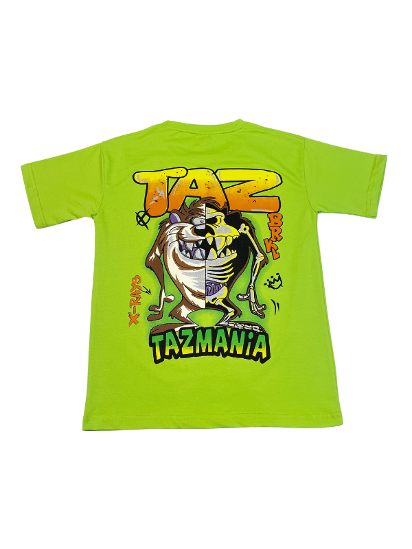 Bright Lime Green boys' short-sleeve T-shirt with a brown, white, and black distressed "TAZ MANIA" logo graphic printed centrally.