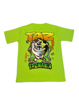Bright Lime Green boys' short-sleeve T-shirt with a brown, white, and black distressed "TAZ MANIA" logo graphic printed centrally.