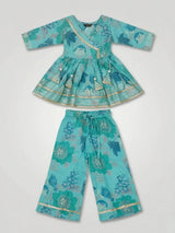 Girls Green Printed Angrakha Plazzo Set.