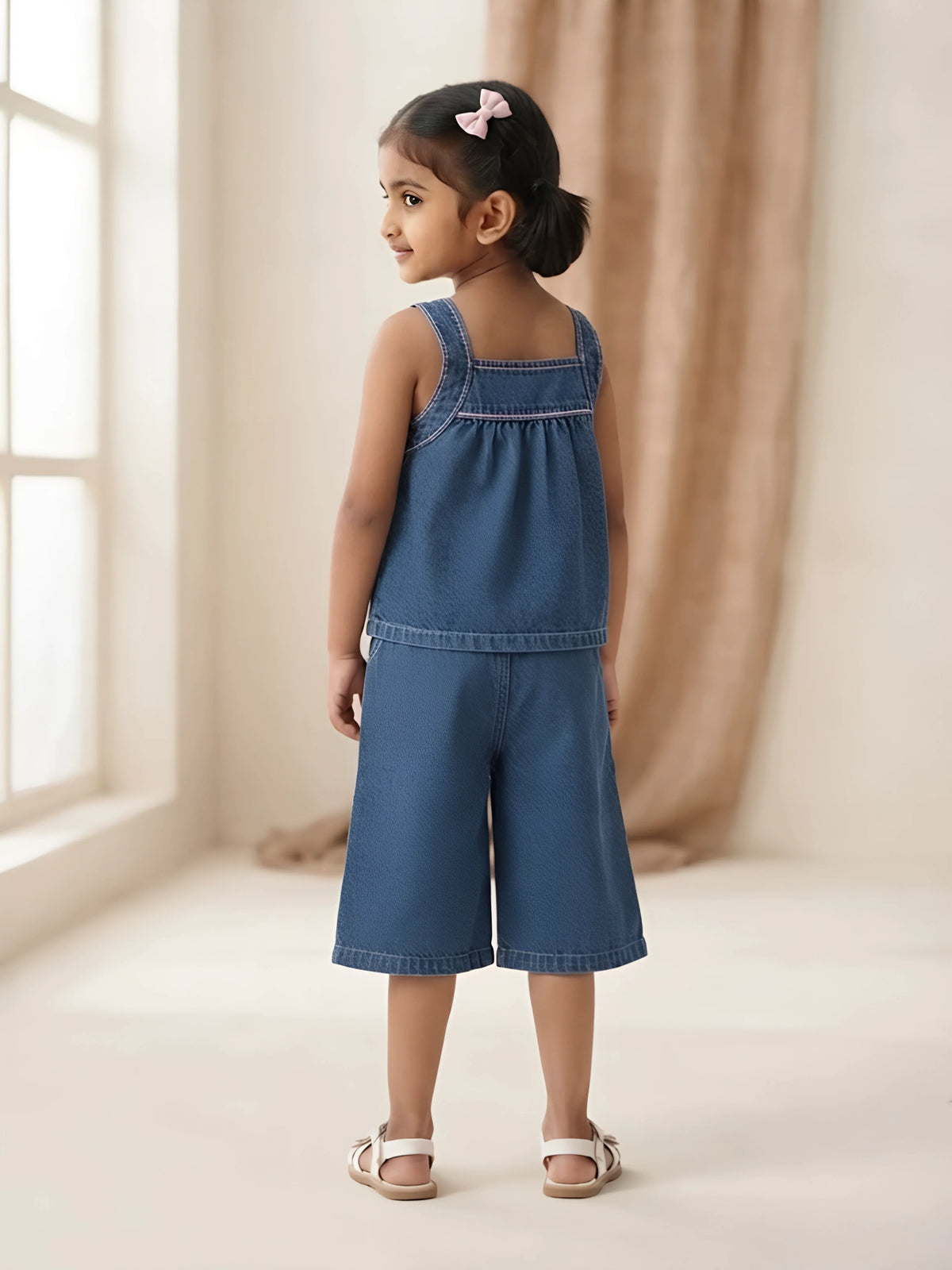 Blue Denim Flower Applique Set Kids Ethnic Wear