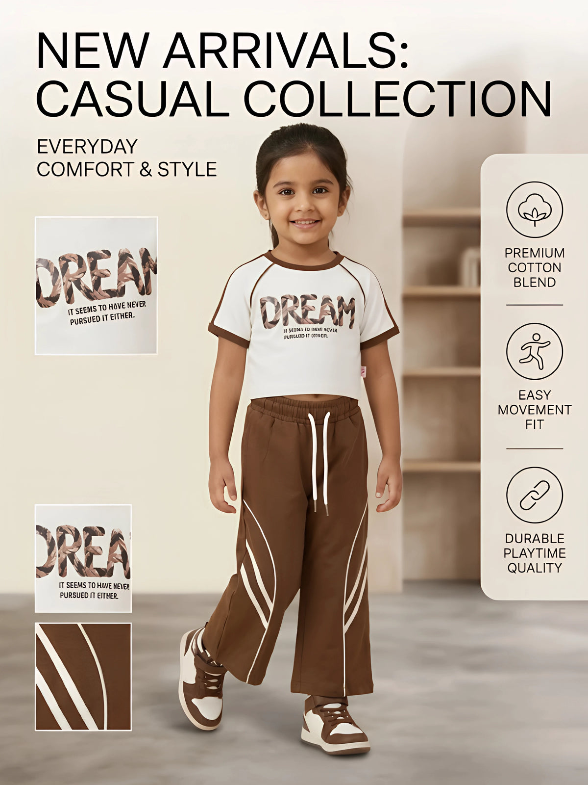 Brown Typography Print Girls Coordinate Set Kids Casual Wear