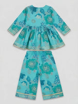 Girls Green Printed Angrakha Plazzo Set.