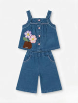 Blue Denim Flower Applique Set Kids Ethnic Wear