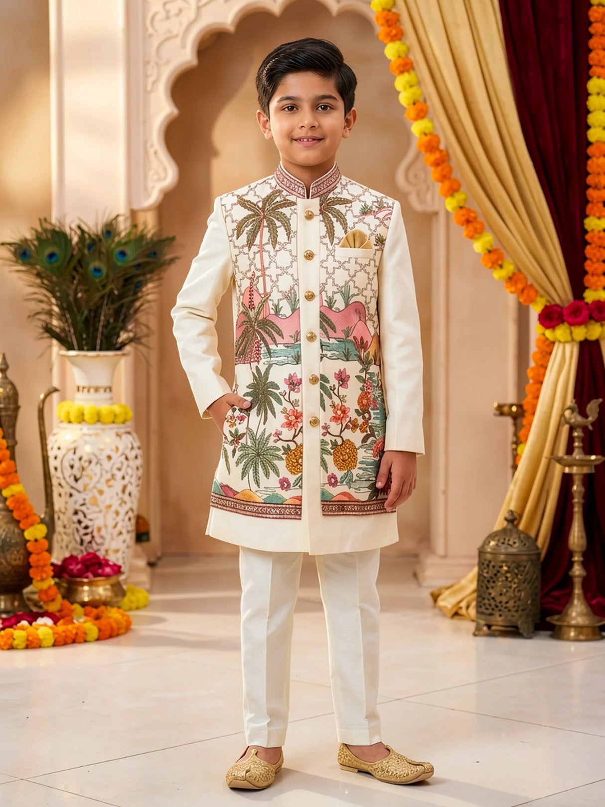 Boys Elegant Cream Embroidered Sherwani Set