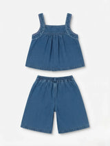 Blue Denim Flower Applique Set Kids Ethnic Wear
