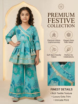 Girls Green Printed Angrakha Plazzo Set.