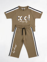 Brown Graphic Print Striped Girls Coordinate Set Casual Wear