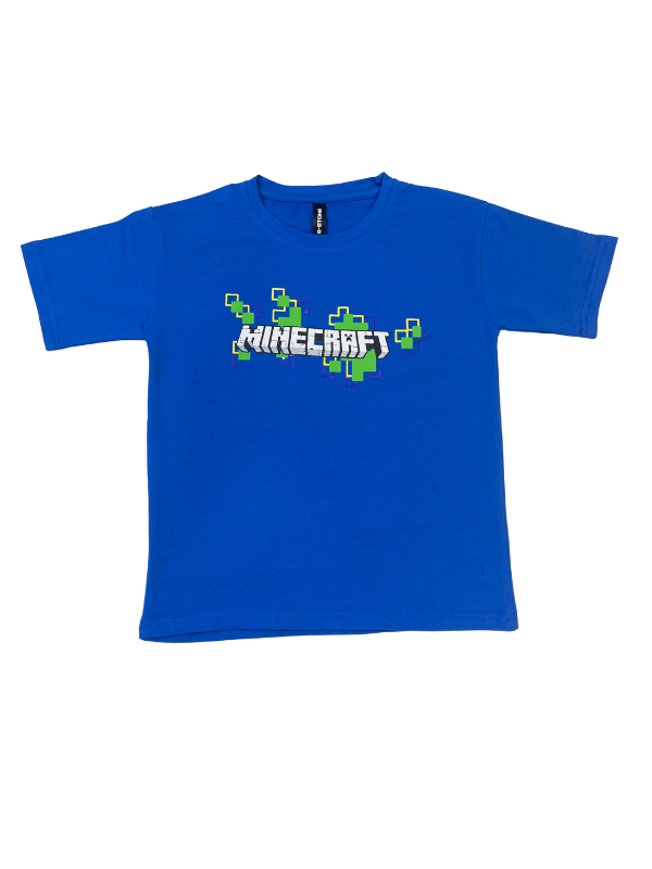 Royal Blue boys' short-sleeve T-shirt with the white Minecraft logo and a scattered pattern of green and yellow pixelated blocks graphic printed centrally