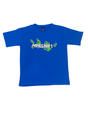 Royal Blue boys' short-sleeve T-shirt with the white Minecraft logo and a scattered pattern of green and yellow pixelated blocks graphic printed centrally