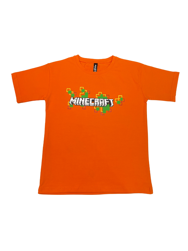 Vibrant Orange boys' short-sleeve T-shirt with the white Minecraft logo and a scattered pattern of green and yellow pixelated blocks graphic printed centrally.
