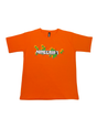 Vibrant Orange boys' short-sleeve T-shirt with the white Minecraft logo and a scattered pattern of green and yellow pixelated blocks graphic printed centrally.