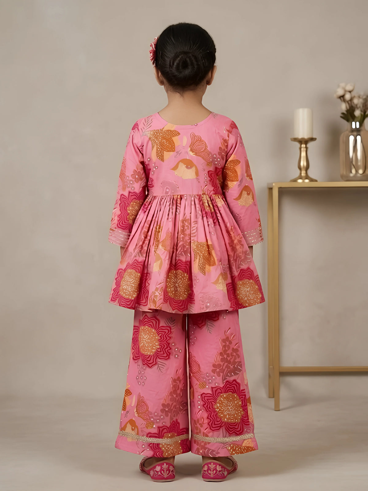 Girls Pink Floral Printed Angrakha Sharara Set.
