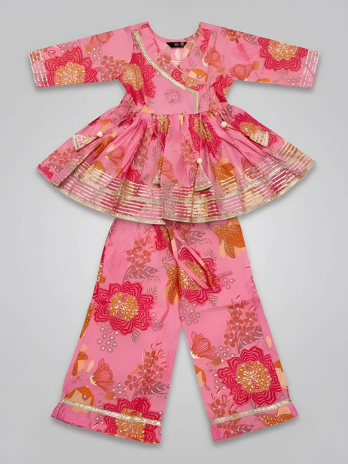 Girls Pink Floral Printed Angrakha Sharara Set.