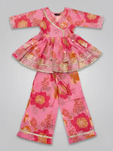 Girls Pink Floral Printed Angrakha Sharara Set.