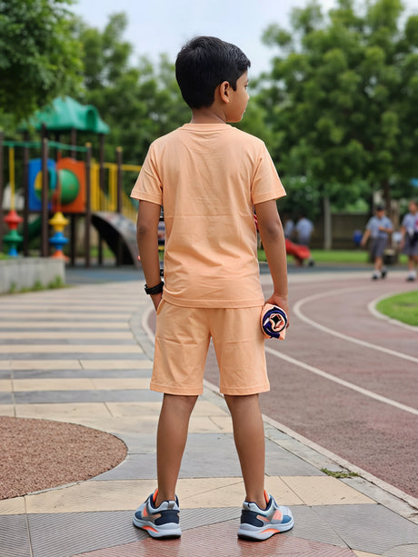 Boys Peach Simba Print Cotton T-Shirt and Shorts Co-ord Set