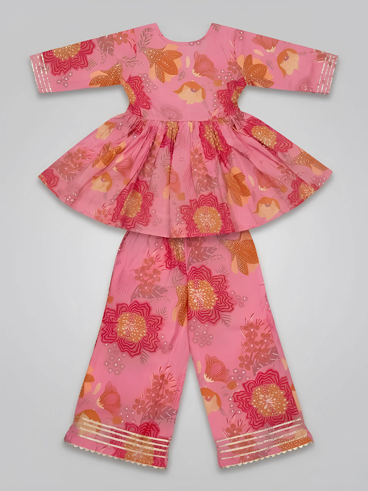 Girls Pink Floral Printed Angrakha Sharara Set.